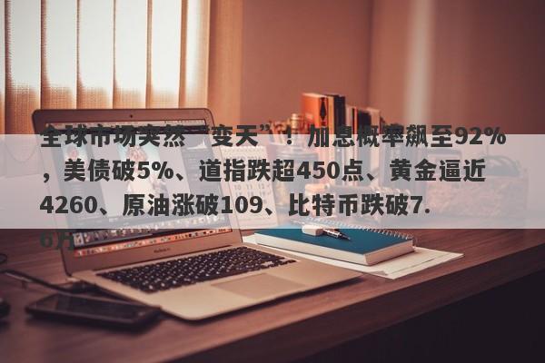 全球市场突然“变天”！加息概率飙至92%，美债破5%、道指跌超450点、黄金逼近4260、原油涨破109、比特币跌破7.6万